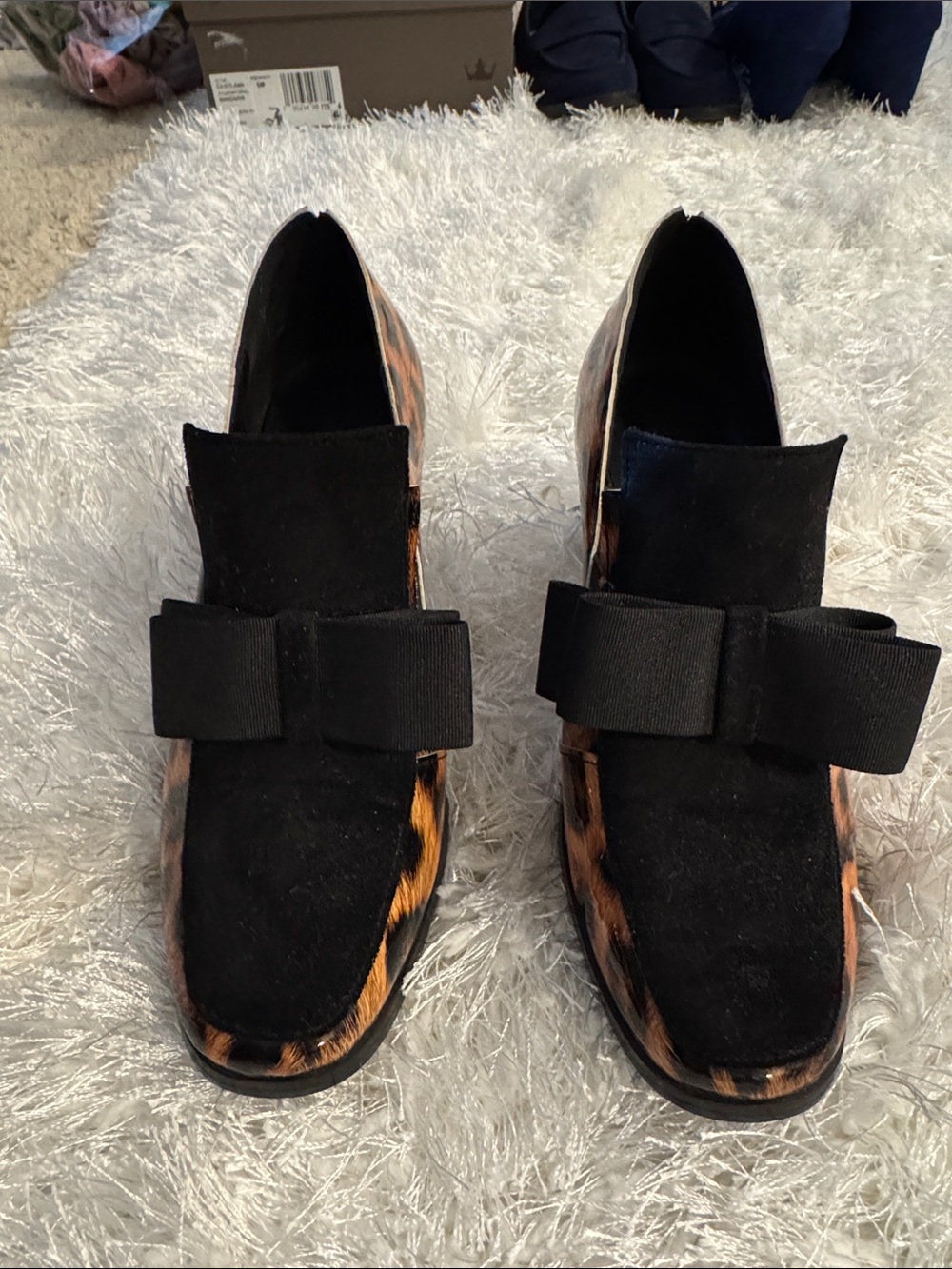 Women’s Black Suede & Leopard Slip-On Loafers with Bow